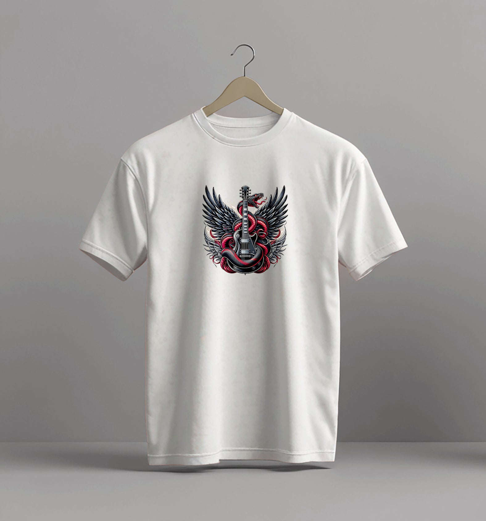 Rock Guitar And Fierce Snake Wings Design T-shirt