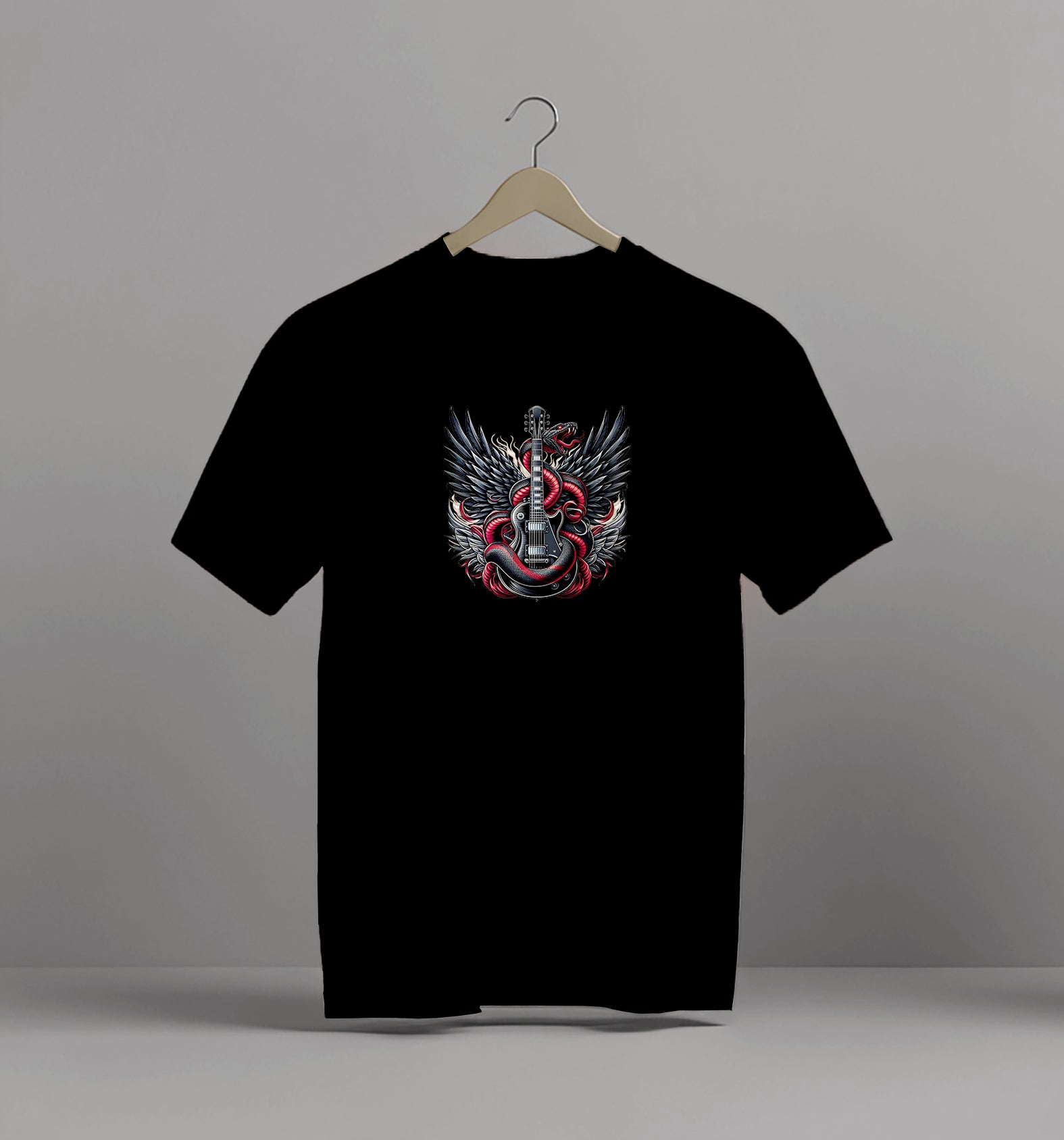 Rock Guitar And Fierce Snake Wings Design T-shirt